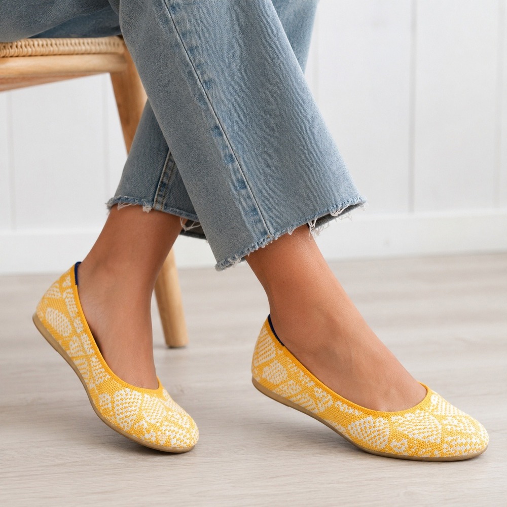ROTHYS The Daisy Ballet Flats Womens Sz 6 Yellow Knit Floral Slip On Loafer Shoe